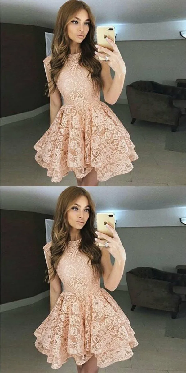 A-Line Bateau  Blush Full Lace Junior Cheap Short Cute Homecoming Dresses, BD0240