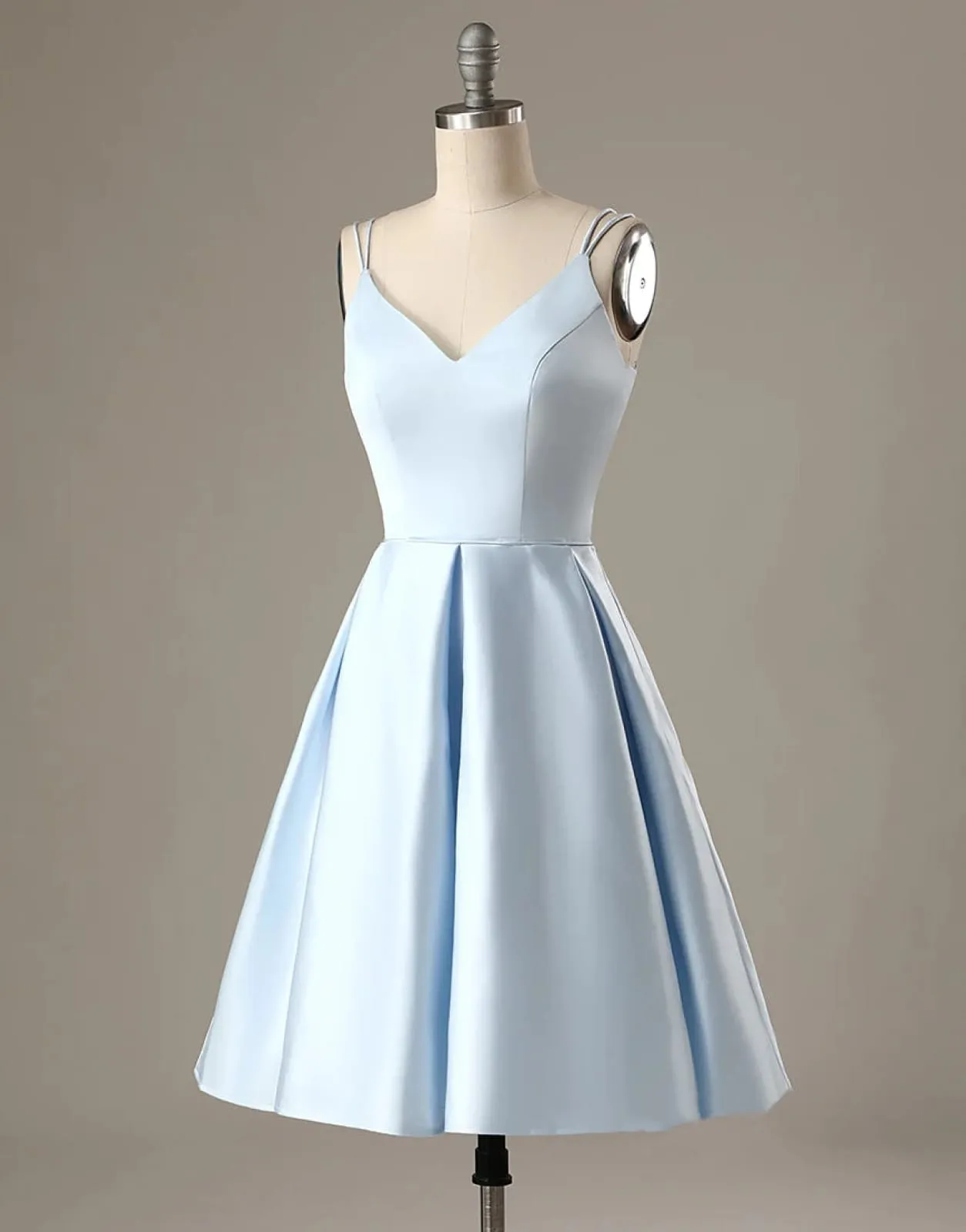 A-Line Blue Satin Double Straps V Back Homecoming Wedding Party Dress