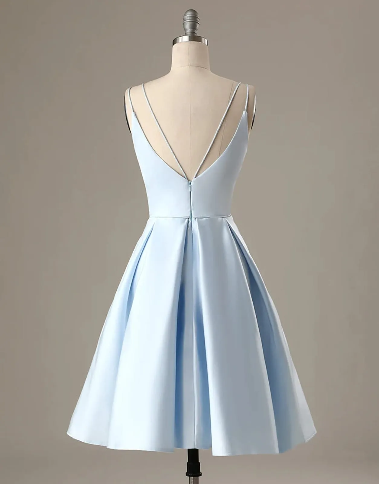 A-Line Blue Satin Double Straps V Back Homecoming Wedding Party Dress