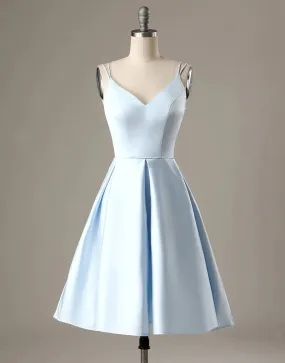 A-Line Blue Satin Double Straps V Back Homecoming Wedding Party Dress