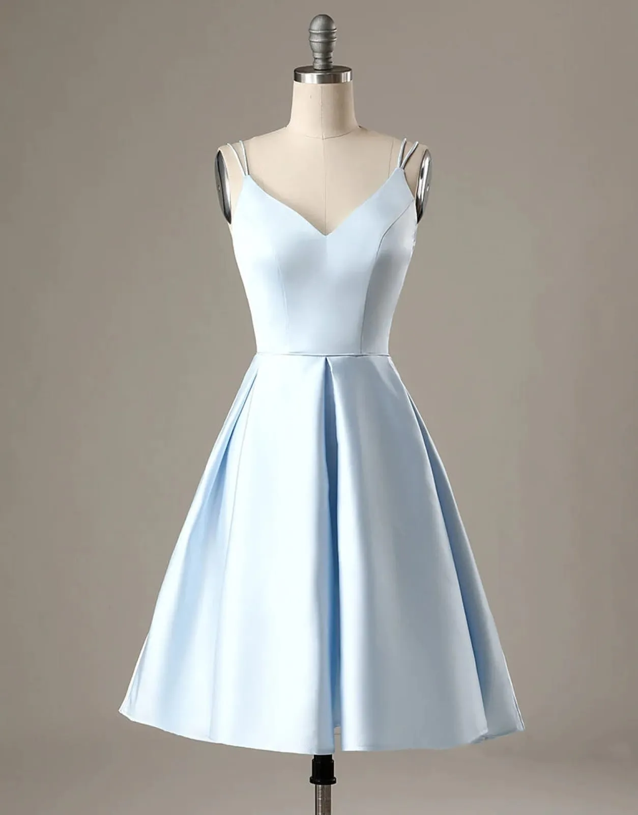 A-Line Blue Satin Double Straps V Back Homecoming Wedding Party Dress