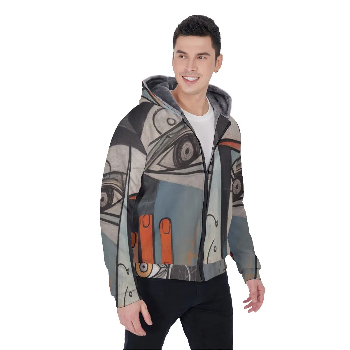 All-Over Print Men's Sherpa Fleece Zip Up Hoodie, abstract, face, print, #25WW