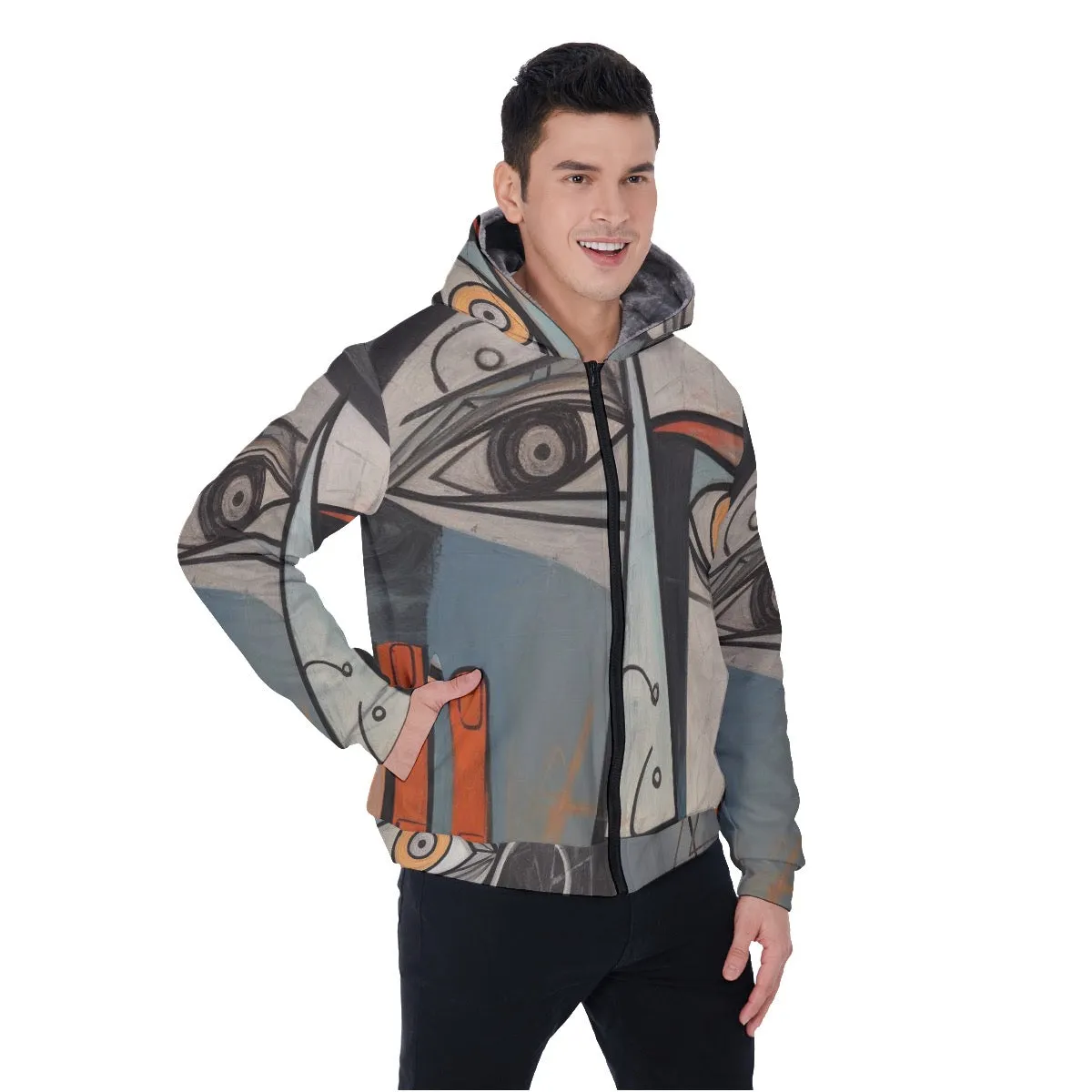 All-Over Print Men's Sherpa Fleece Zip Up Hoodie, abstract, face, print, #25WW