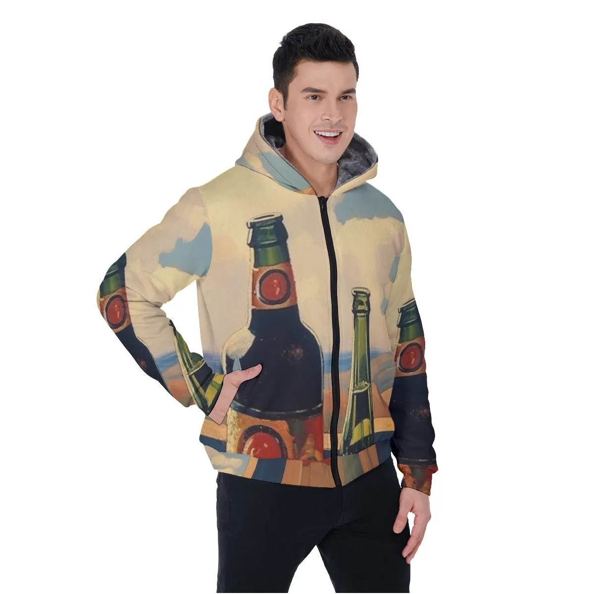 All-Over Print Men's Sherpa Fleece Zip Up Hoodie, beer, bottle, theme, print, #25aa8