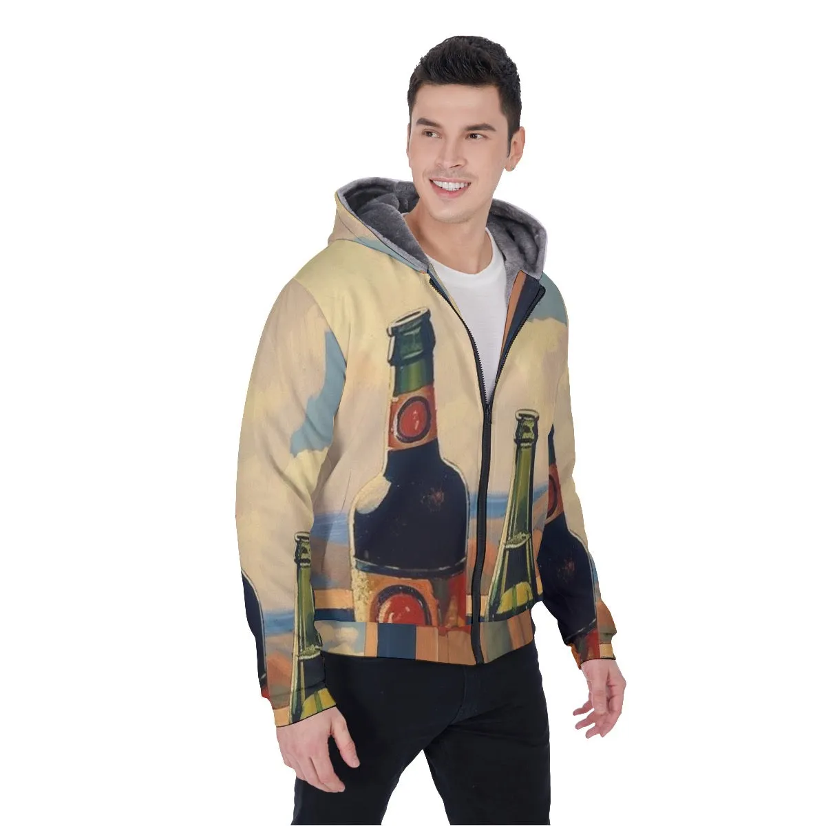 All-Over Print Men's Sherpa Fleece Zip Up Hoodie, beer, bottle, theme, print, #25aa8