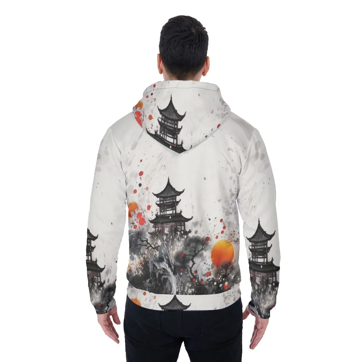 All-Over Print Men's Sherpa Fleece Zip Up Hoodie, black and white Asian theme print, #25BB