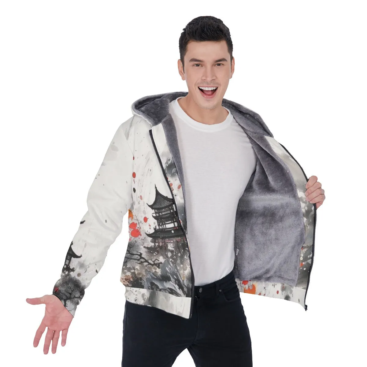 All-Over Print Men's Sherpa Fleece Zip Up Hoodie, black and white Asian theme print, #25BB