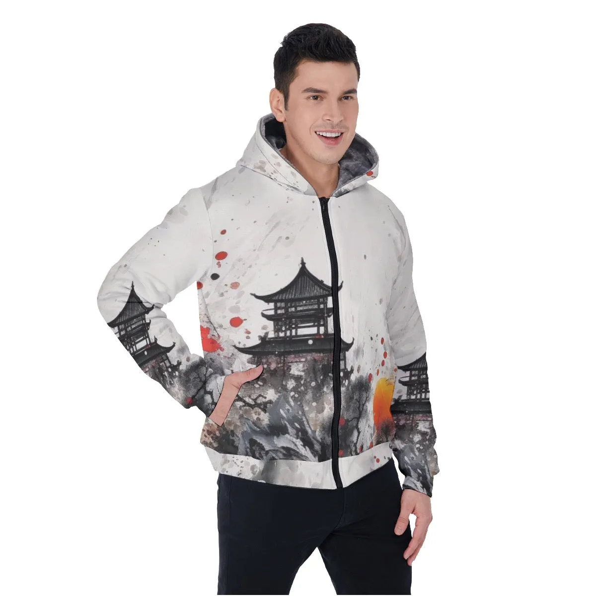 All-Over Print Men's Sherpa Fleece Zip Up Hoodie, black and white Asian theme print, #25BB