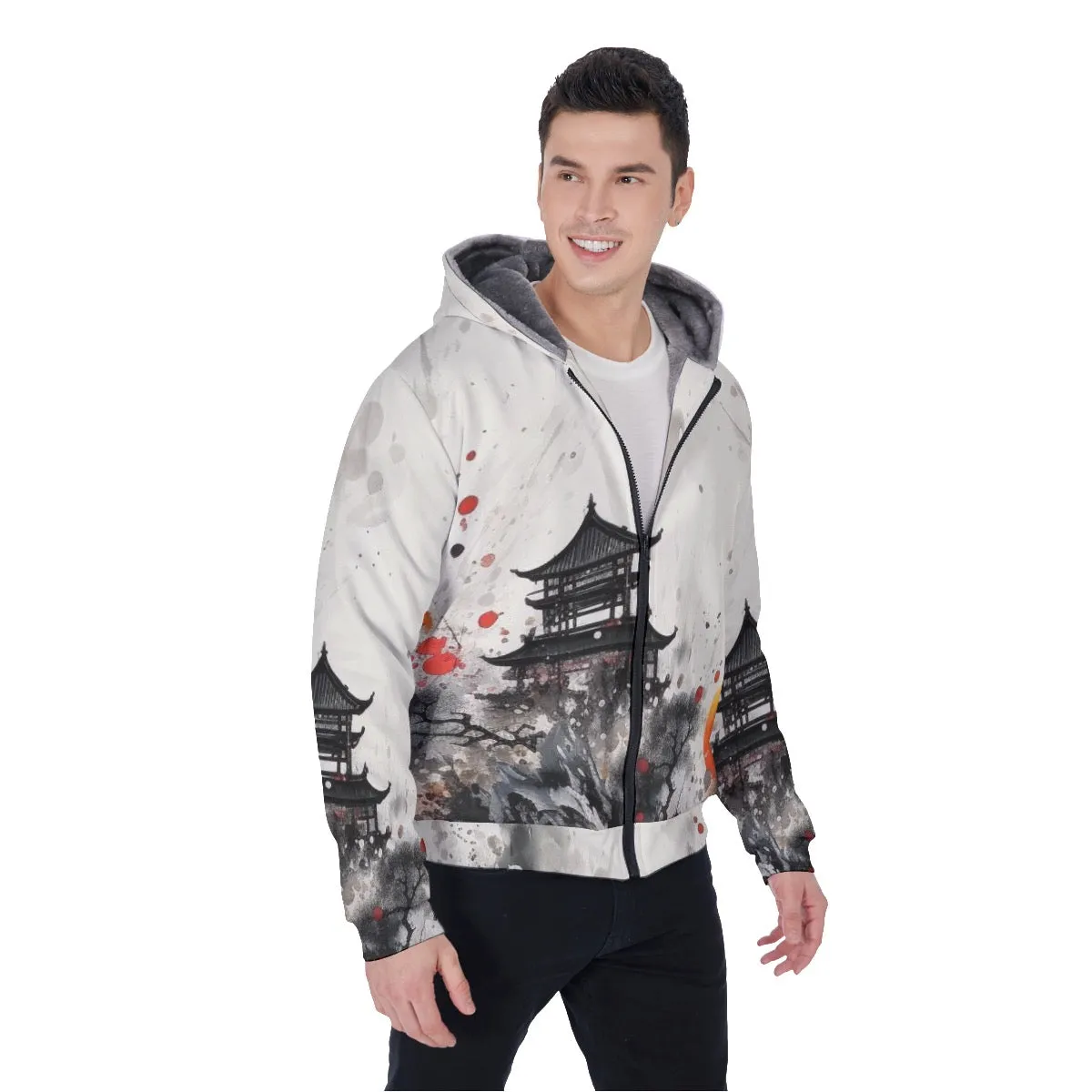 All-Over Print Men's Sherpa Fleece Zip Up Hoodie, black and white Asian theme print, #25BB