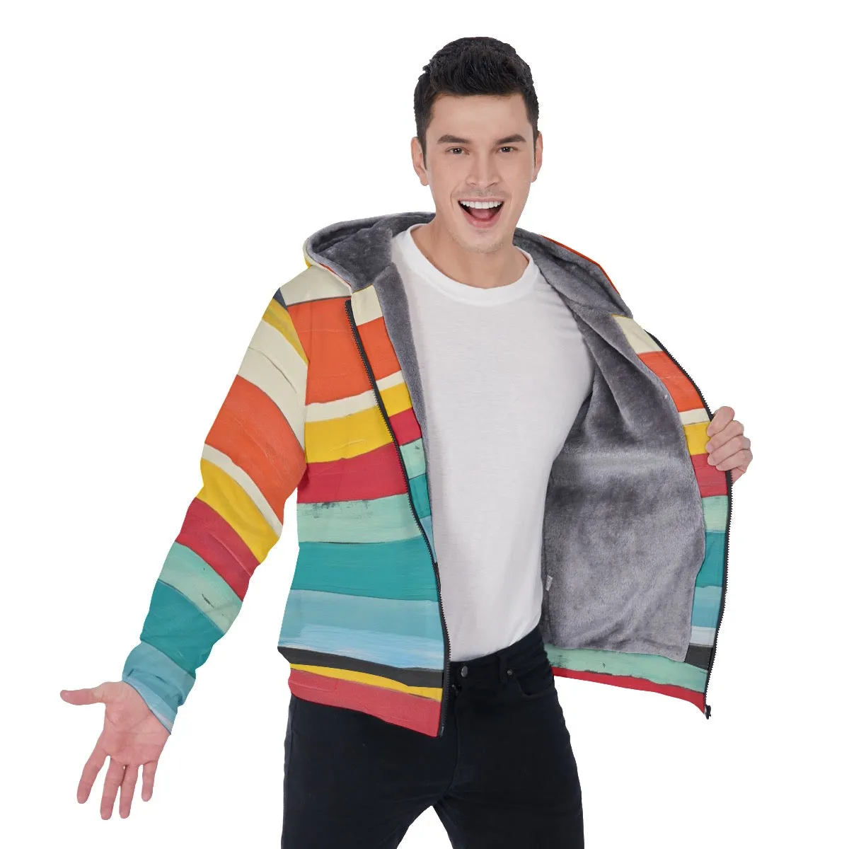 All-Over Print Men's Sherpa Fleece Zip Up Hoodie, bright colors, stripes print, #25AA