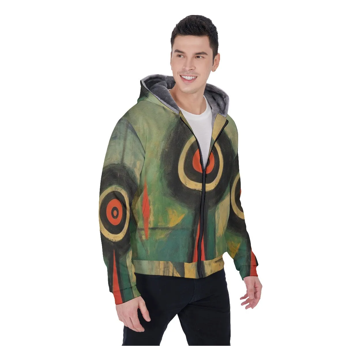 All-Over Print Men's Sherpa Fleece Zip Up Hoodie, green abstract, print, #25aa2