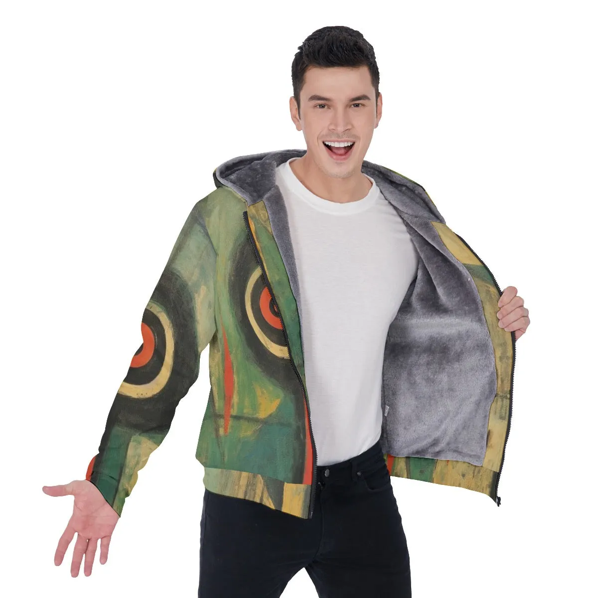 All-Over Print Men's Sherpa Fleece Zip Up Hoodie, green abstract, print, #25aa2