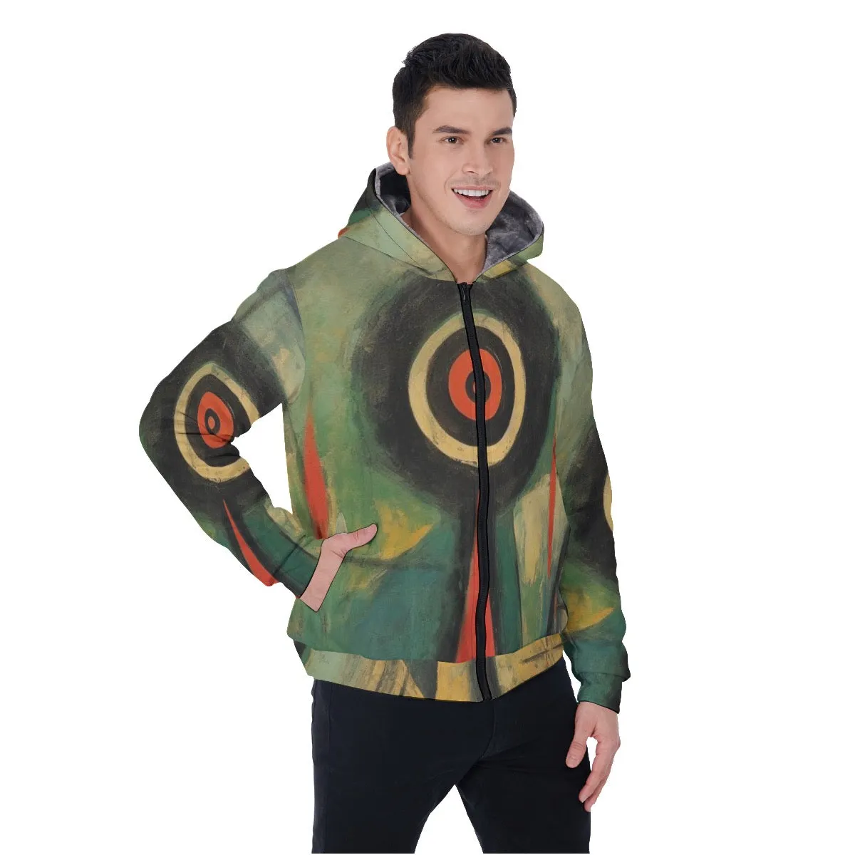 All-Over Print Men's Sherpa Fleece Zip Up Hoodie, green abstract, print, #25aa2