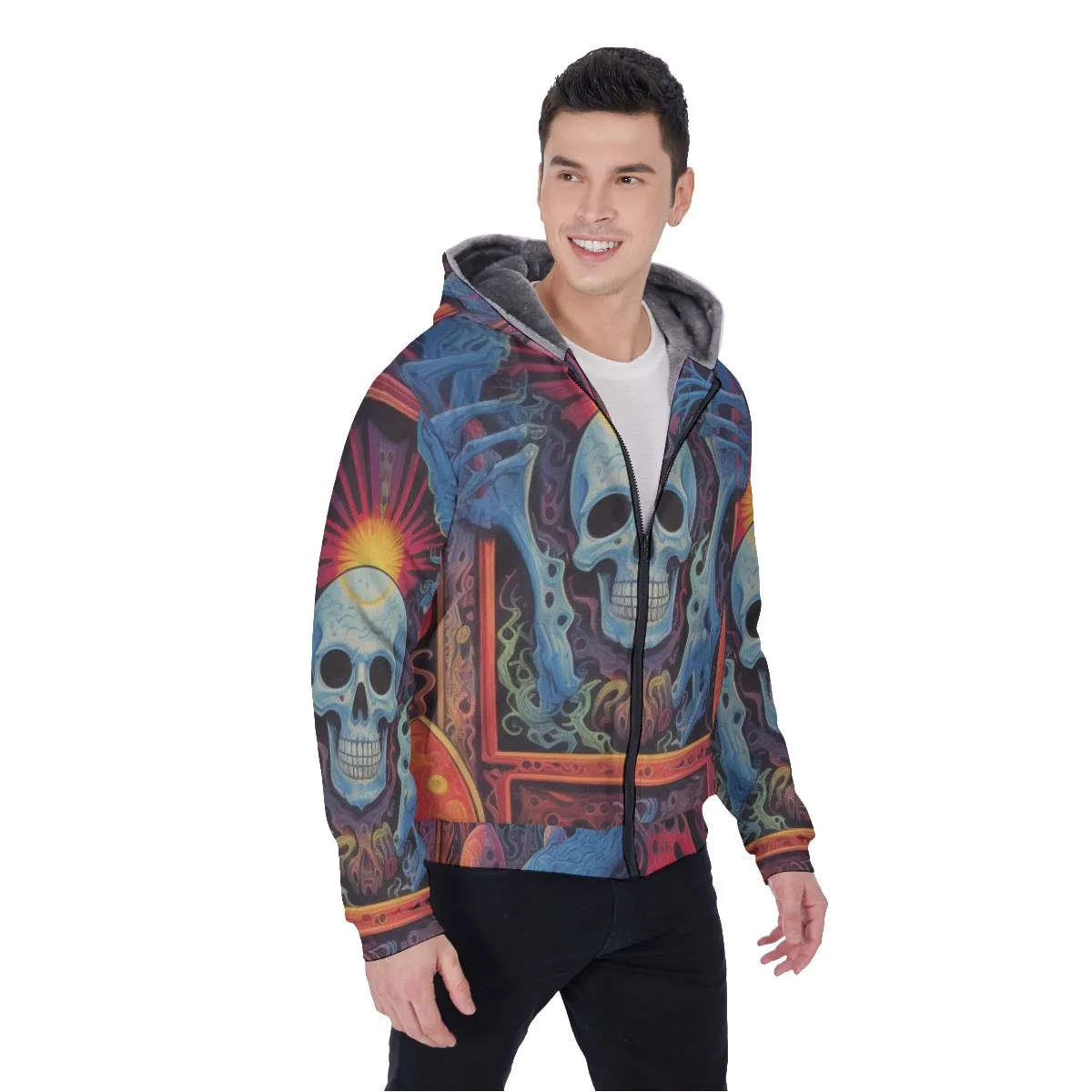 All-Over Print Men's Sherpa Fleece Zip Up Hoodie, skull, themed abstract, #25MM