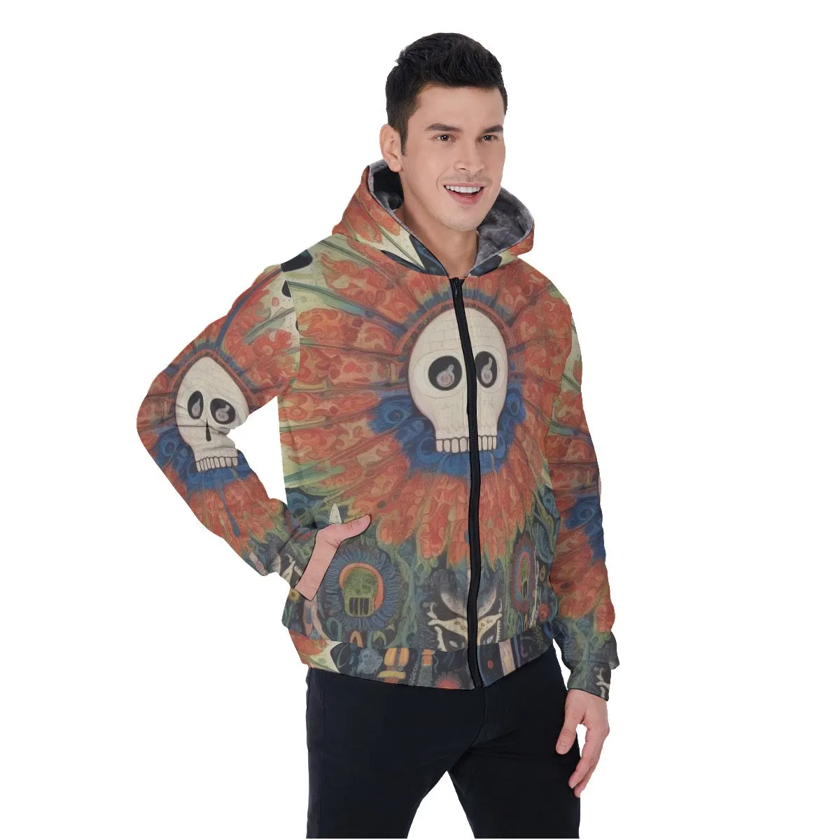 All-Over Print Men's Sherpa Fleece Zip Up Hoodie, skull, themed, print, #25JJ