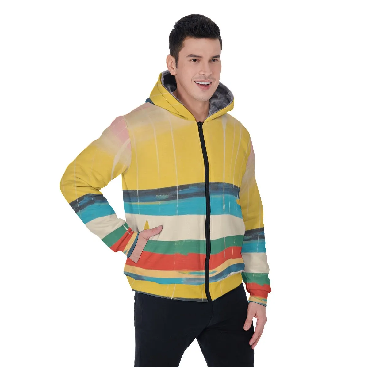 All-Over Print Men's Sherpa Fleece Zip Up Hoodie, striped with yellow, blues, red print, #25S