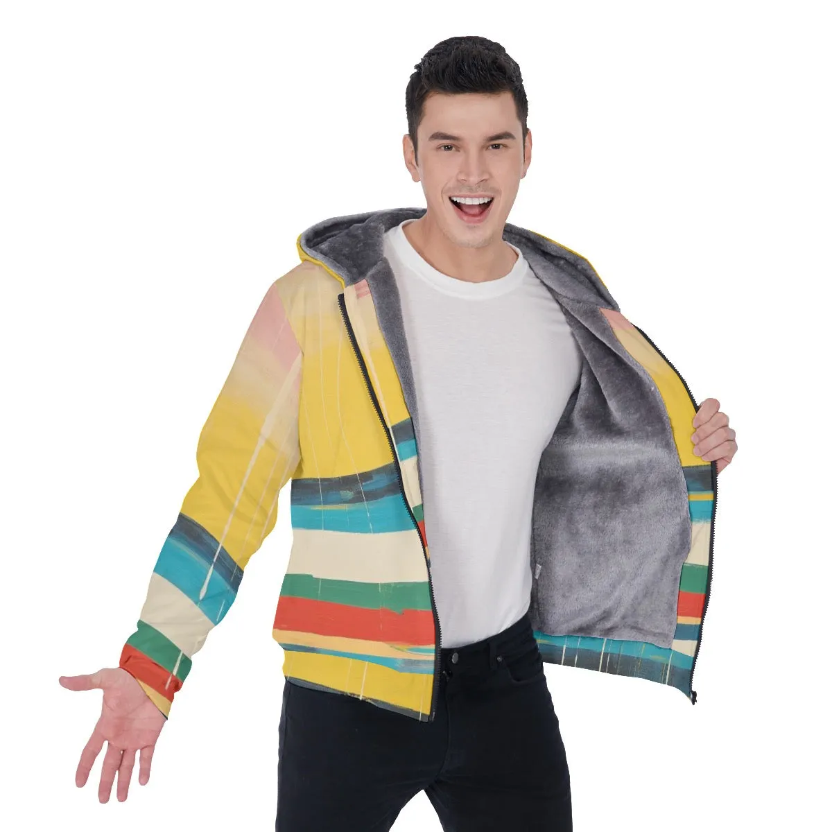 All-Over Print Men's Sherpa Fleece Zip Up Hoodie, striped with yellow, blues, red print, #25S