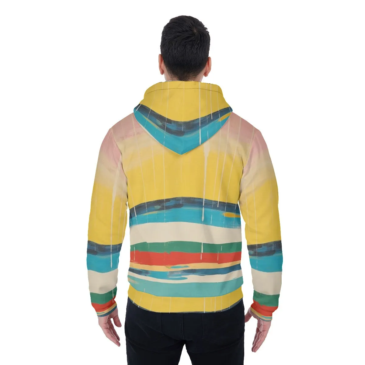 All-Over Print Men's Sherpa Fleece Zip Up Hoodie, striped with yellow, blues, red print, #25S