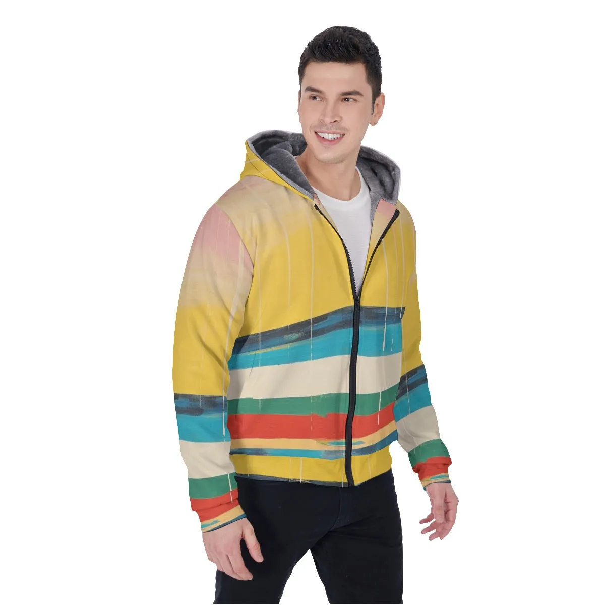 All-Over Print Men's Sherpa Fleece Zip Up Hoodie, striped with yellow, blues, red print, #25S