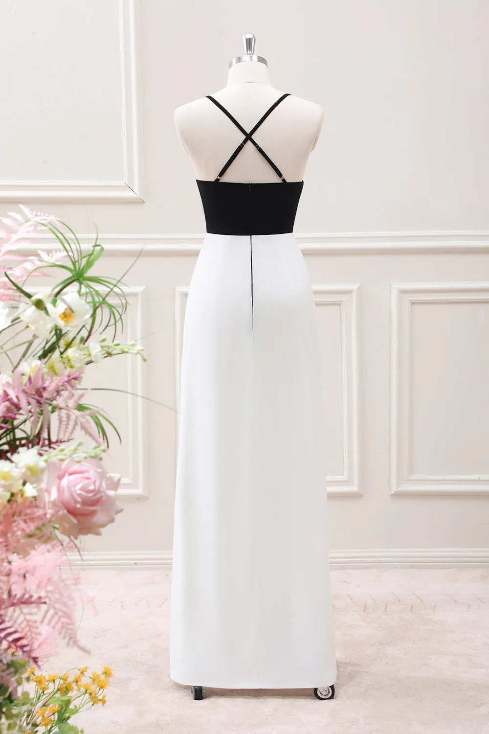 Black White Sheath Spaghetti Straps Maxi Dress with Slit