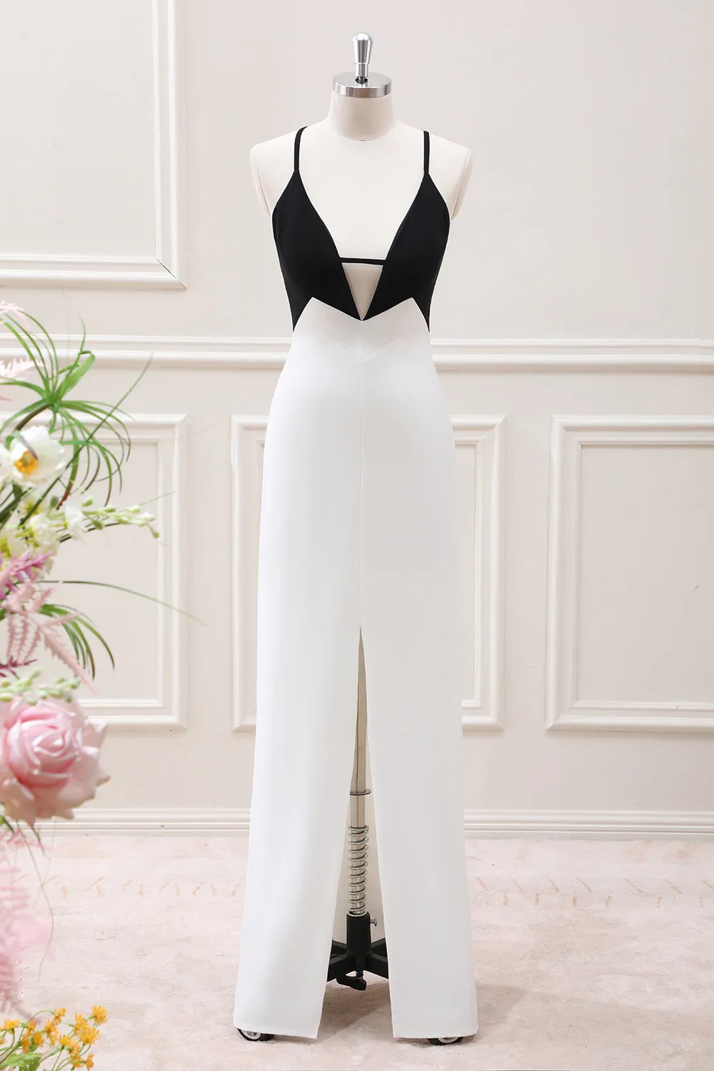 Black White Sheath Spaghetti Straps Maxi Dress with Slit