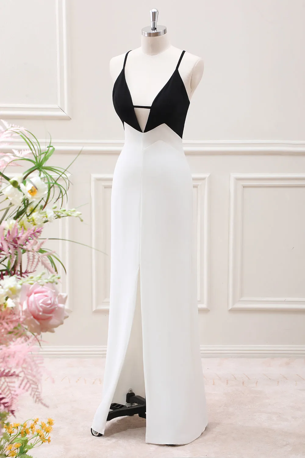 Black White Sheath Spaghetti Straps Maxi Dress with Slit