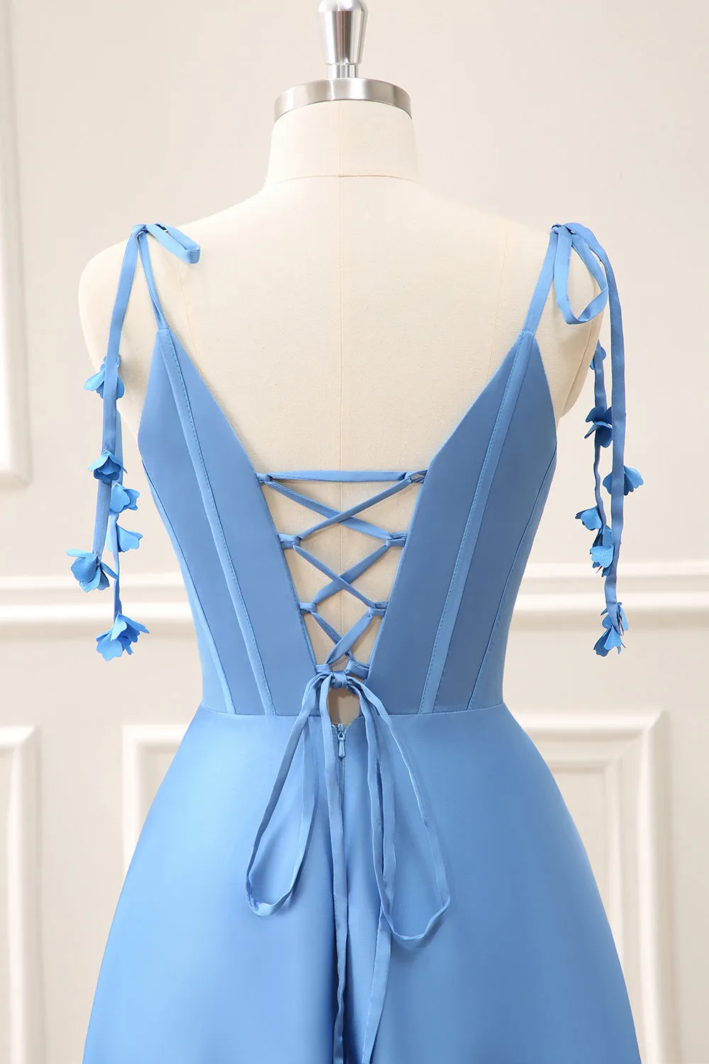 Blue A Line Satin Corset Maxi Dress with Slit