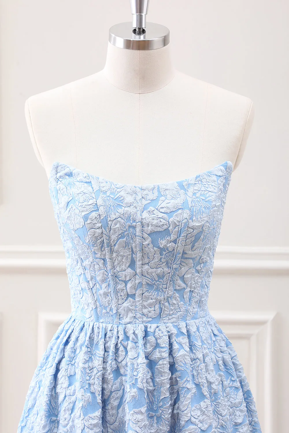 Blue Corset Strapless Pleated A Line Asymmetrical Dress