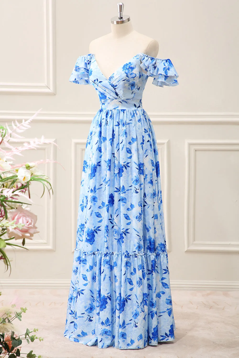 Blue Floral Off the Shoulder Ruffled A Line Maxi Dress