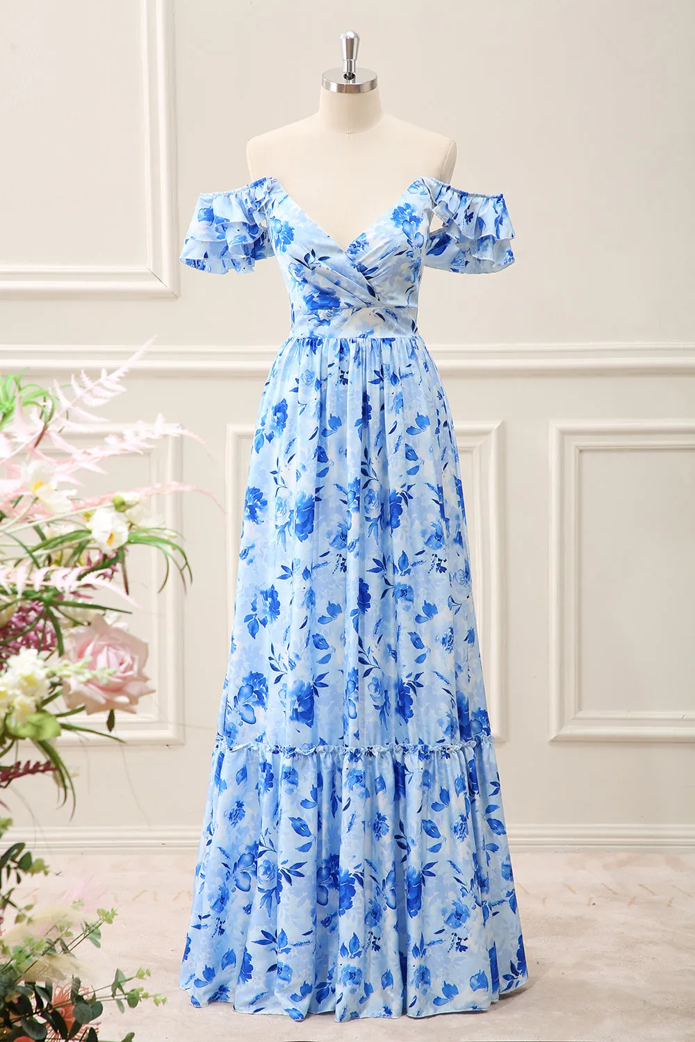 Blue Floral Off the Shoulder Ruffled A Line Maxi Dress