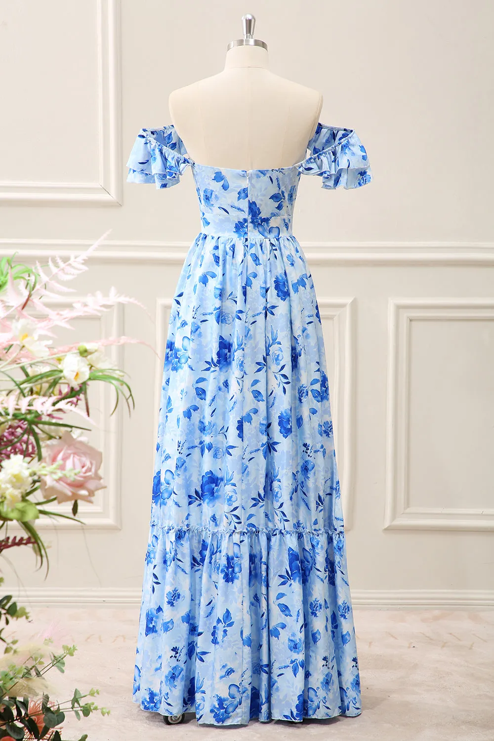 Blue Floral Off the Shoulder Ruffled A Line Maxi Dress