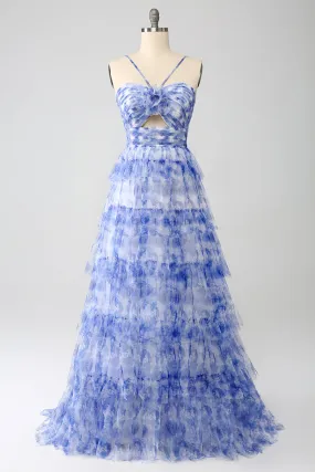 Blue Printed A Line Tiered Hollow-out Maxi Dress