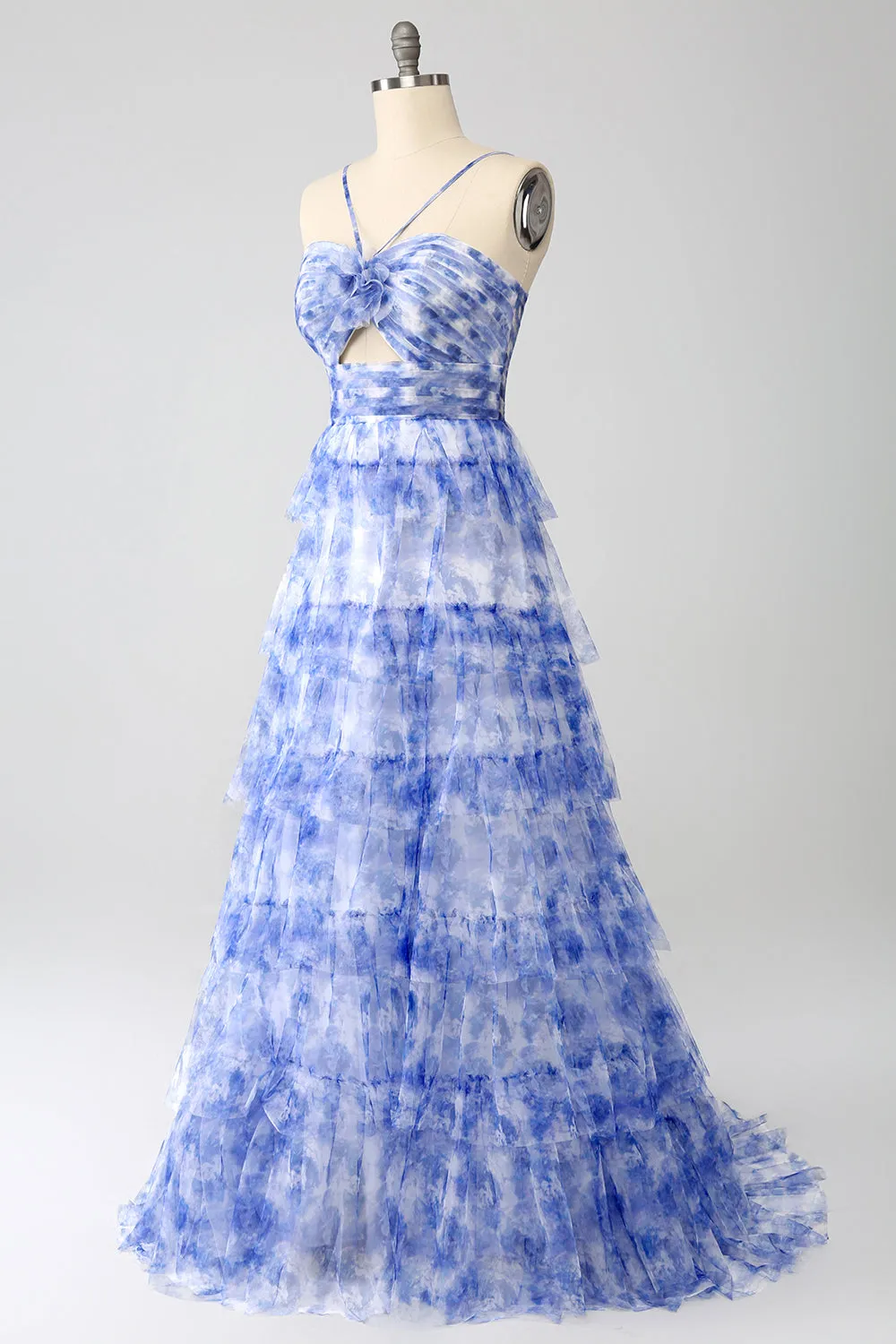 Blue Printed A Line Tiered Hollow-out Maxi Dress