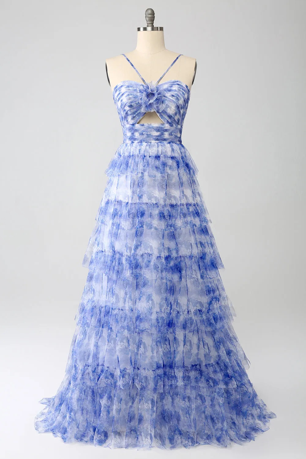 Blue Printed A Line Tiered Hollow-out Maxi Dress