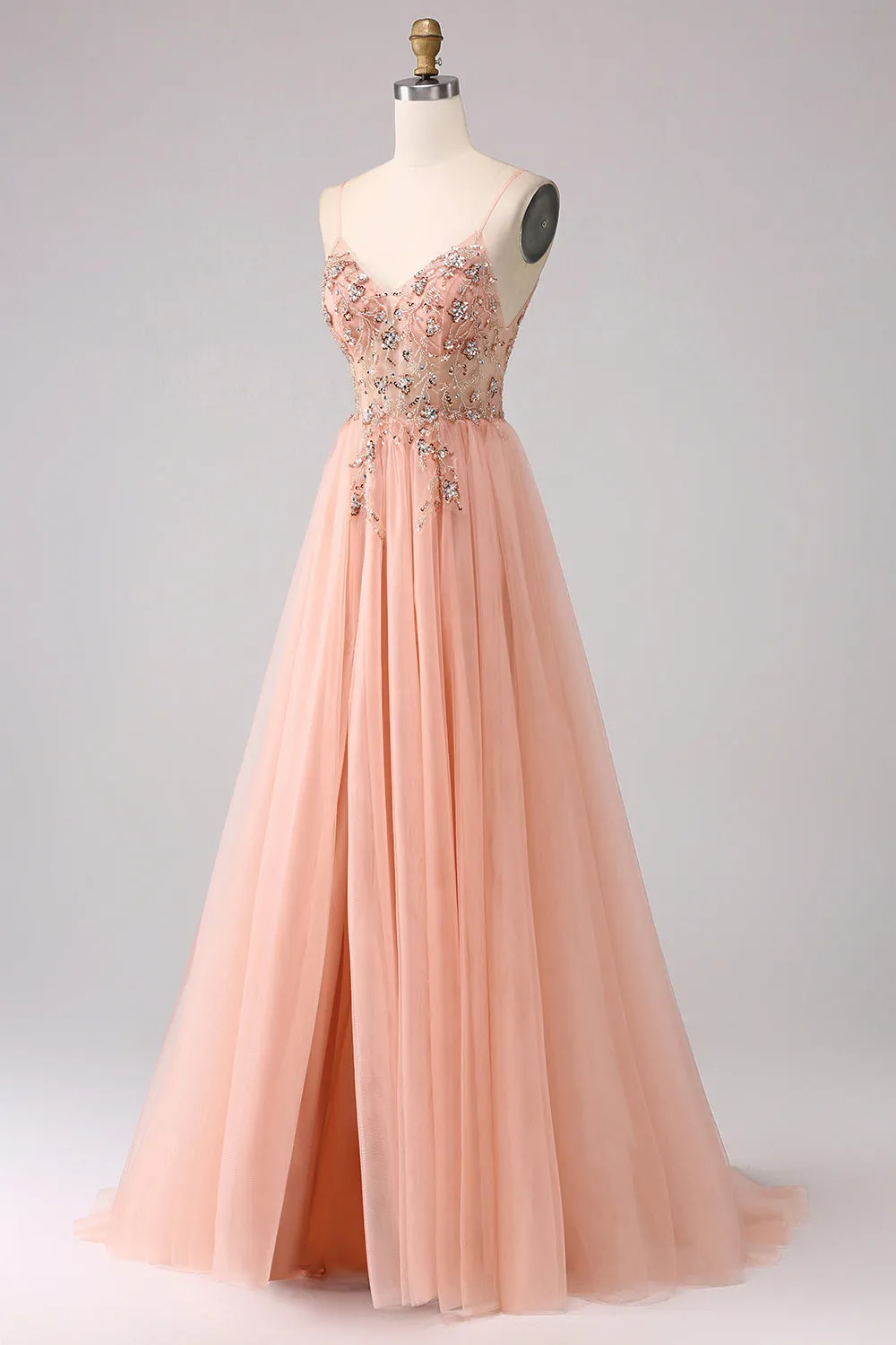 Blush A Line Tulle Spaghetti Straps Appliques Maxi Dress with Slit