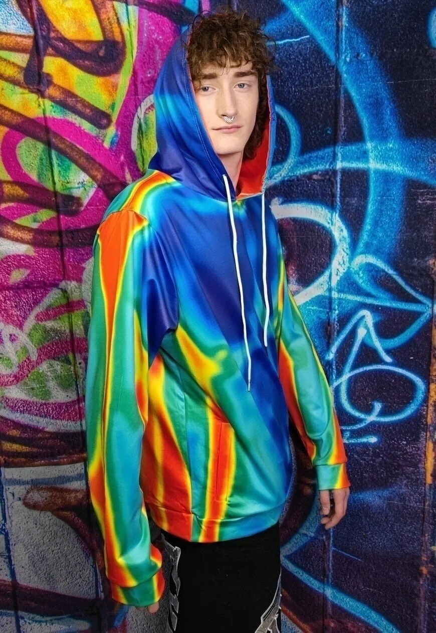 Body print hoodie thermal pullover raver jumper in acid blue