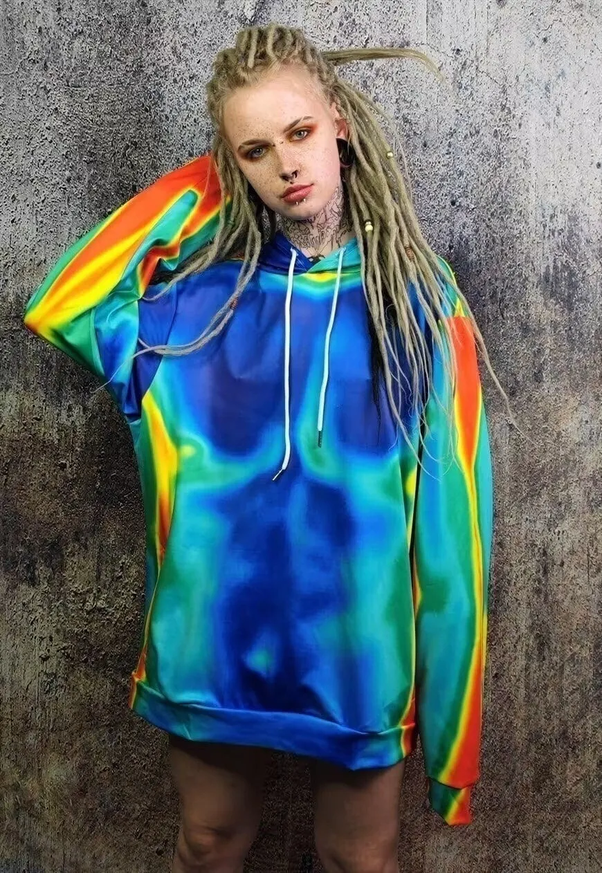 Body print hoodie thermal pullover raver jumper in acid blue