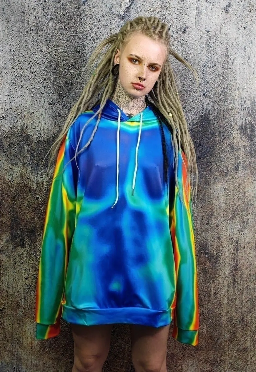 Body print hoodie thermal pullover raver jumper in acid blue