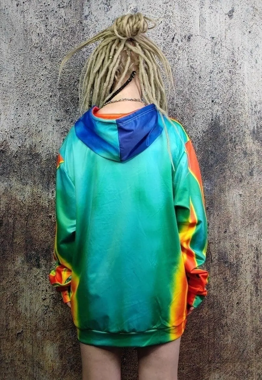 Body print hoodie thermal pullover raver jumper in acid blue