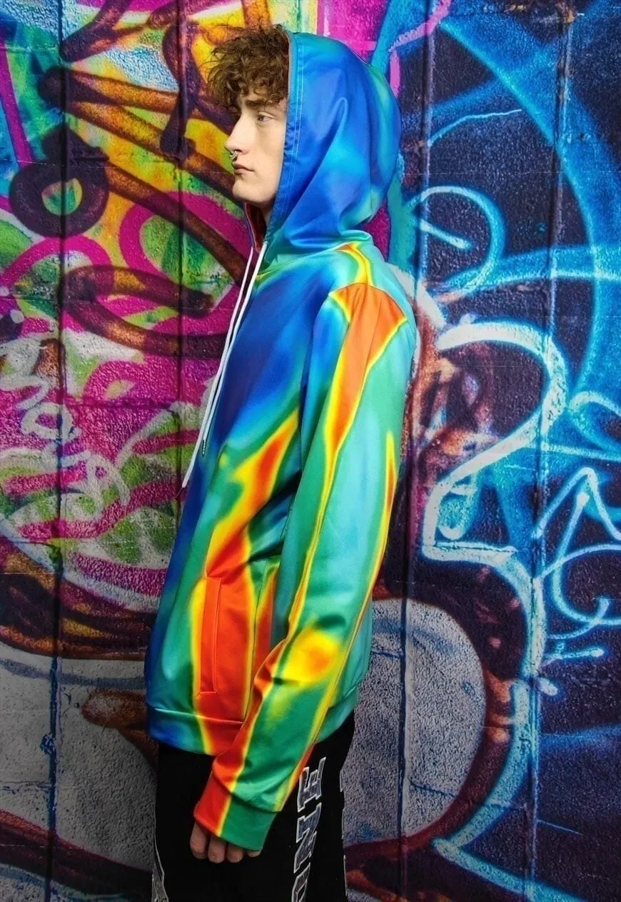 Body print hoodie thermal pullover raver jumper in acid blue