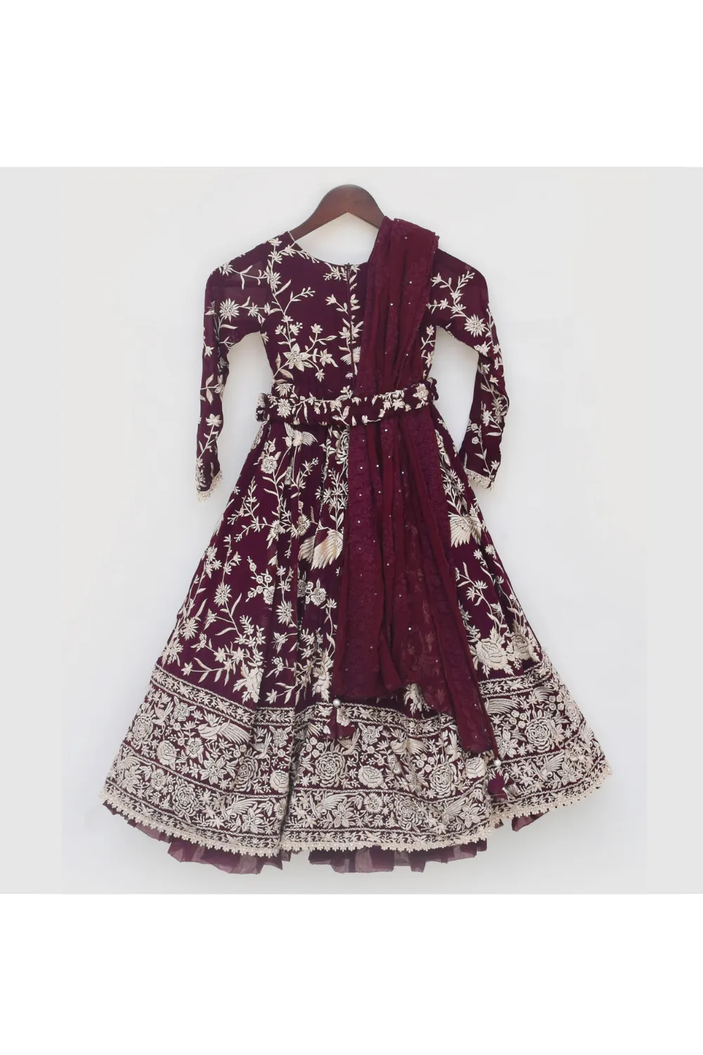 Burgundy Parsi Work Anarkali With Embroidered Belt And Dupatta