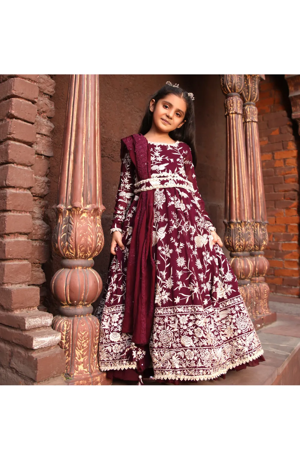 Burgundy Parsi Work Anarkali With Embroidered Belt And Dupatta