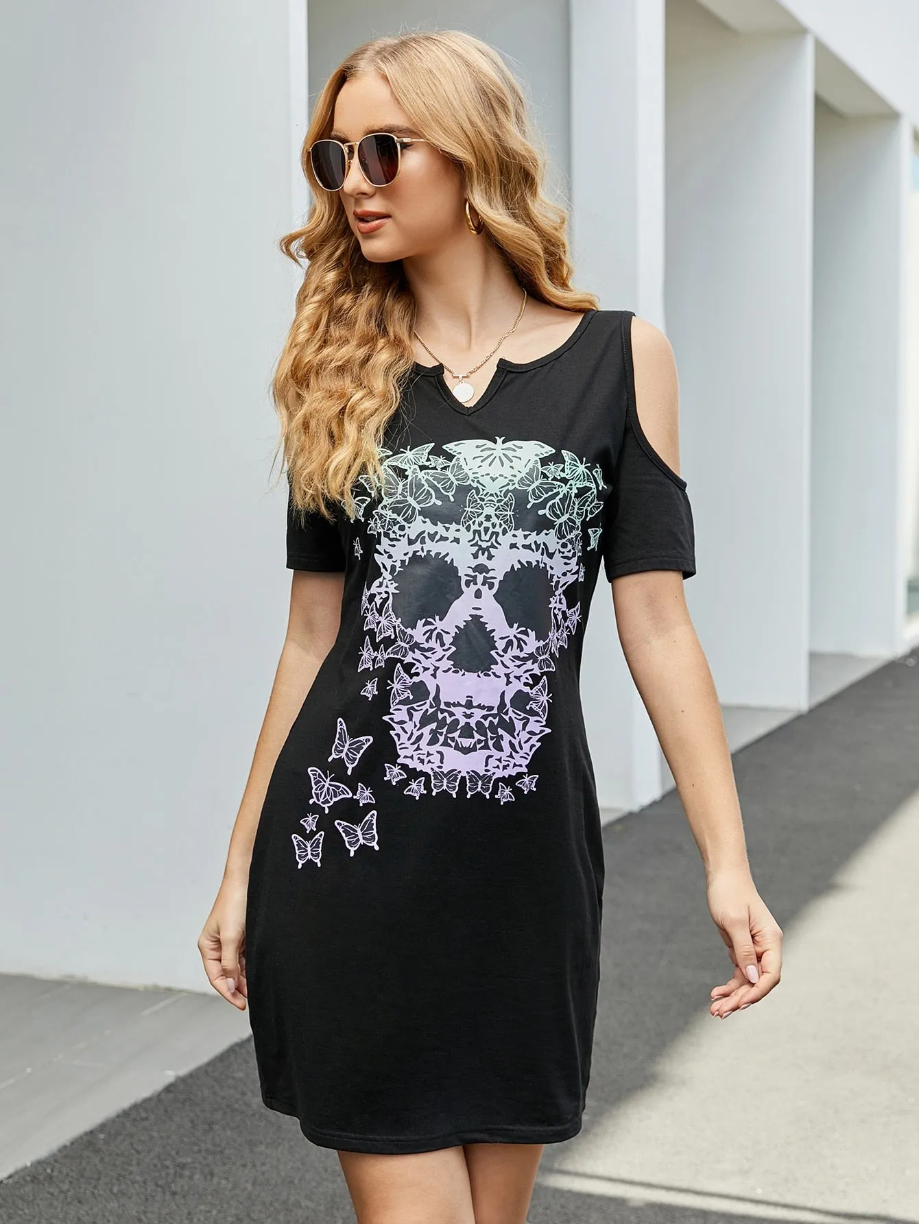 Butterfly Cut Out Short Sleeve Notched Straight Natural Short Dress