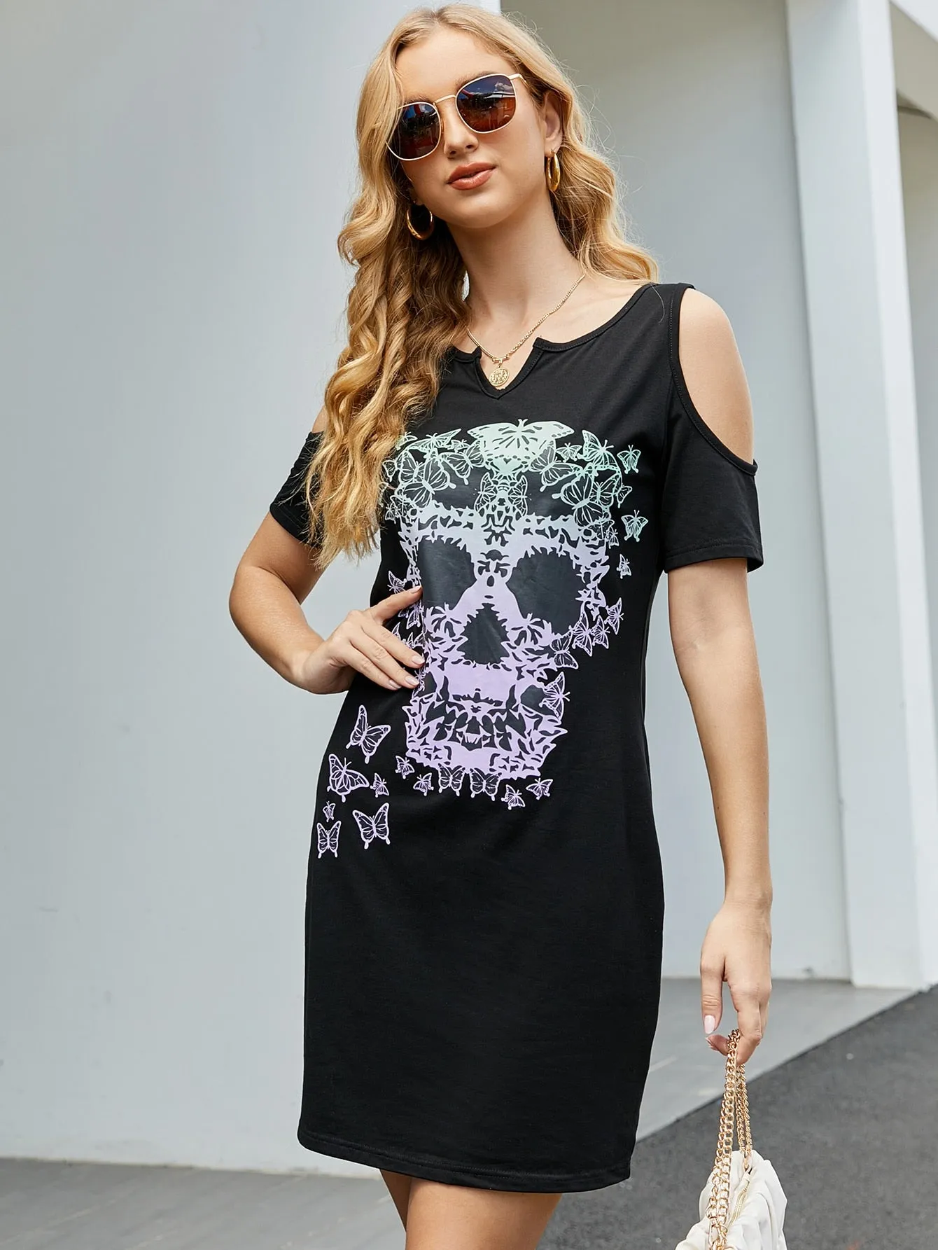 Butterfly Cut Out Short Sleeve Notched Straight Natural Short Dress