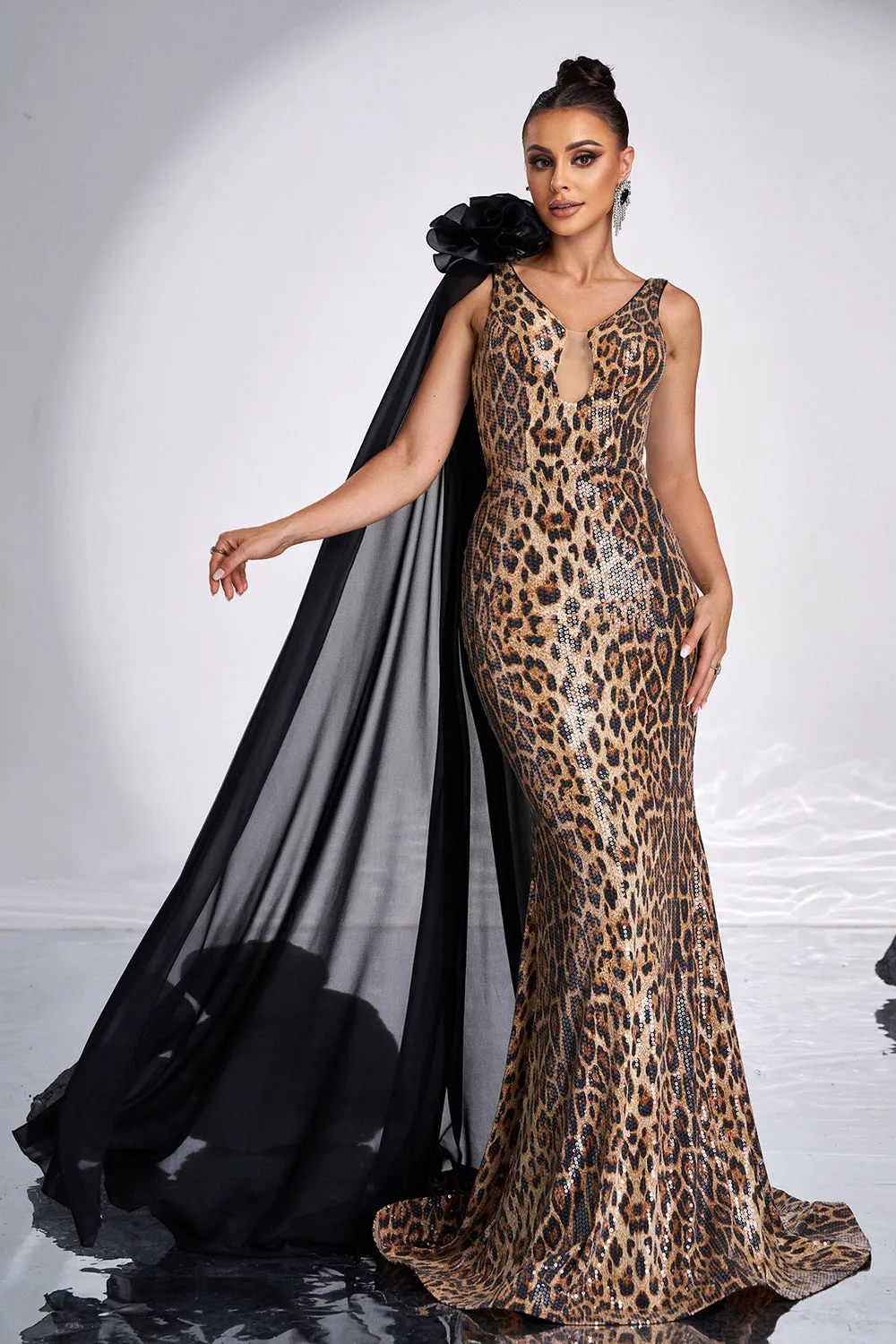 Coffee Leopard Mermaid Floor Length Dress with One Shoulder Cape