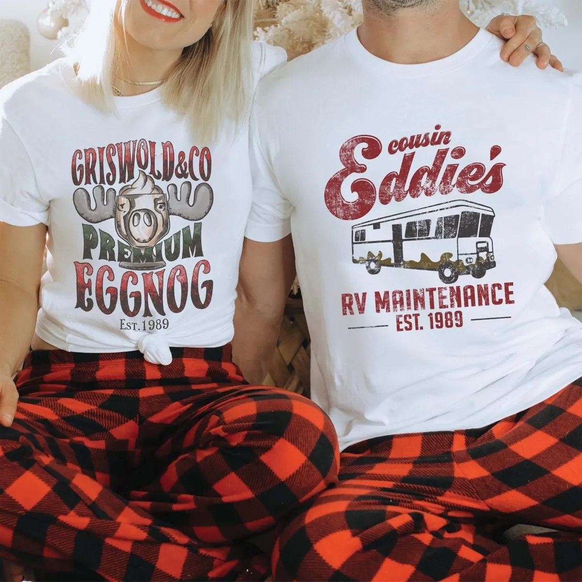 Couple Couple Christmas Premium Eggnog & Uncle Eddie's Maintenance Wholesale Bella Graphic Tee - Fast Shipping