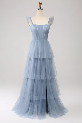 Dusty Blue A Line Tiered Tulle Corset Maxi Dress with Slit