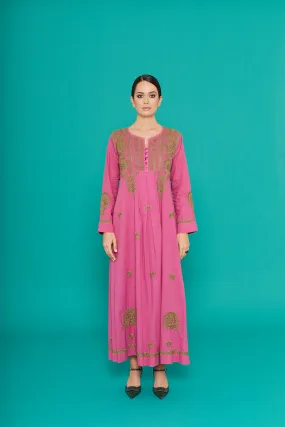 Embroidered Chikankari Kaftan in Dry Rose