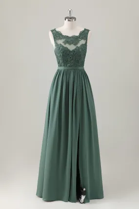 Eucalyptus Ruched Slit A Line Maxi Dress with Appliques