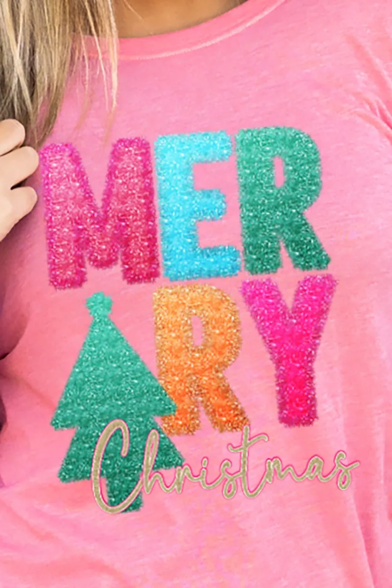 Faux Tinsel Merry Christmas Transfer Adult Soft-Tek Blend Long Sleeve Tee